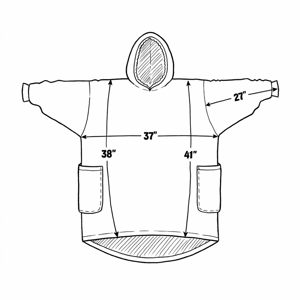 Plague Doctor Costume Short size diagram - 37 inch chest, 38 inch front length, 41 inch full length, 27 inch sleeve